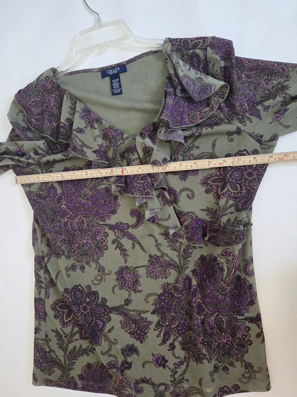Like New Chaps Women's Olive Green & Purple Floral V-Neck Ruffle Top Women's XL - Picture 9 of 14